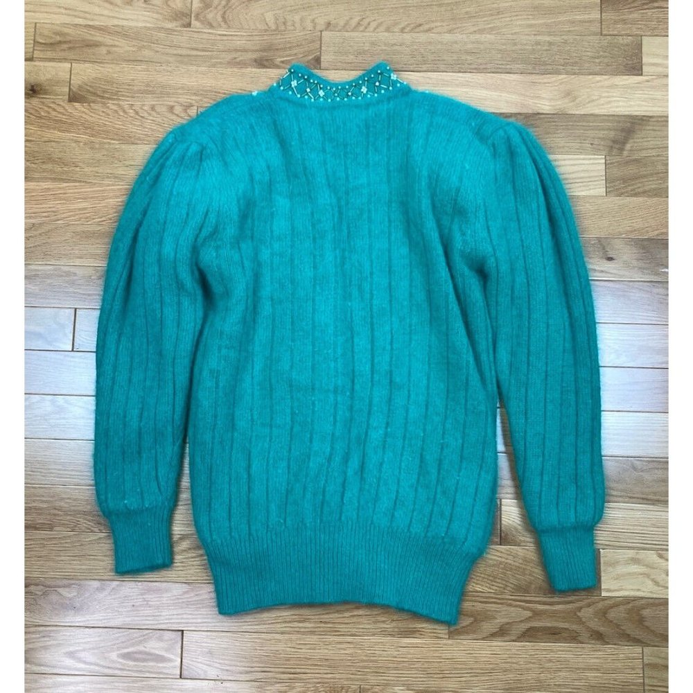 *Vintage Belldini Angora Embellished Button Cardigan Sweater M Green Gold Jewel - Picture 9 of 11